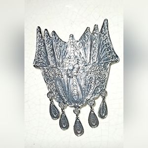 OOAK Large silver shield Deco motif ornate medallion charm brooch